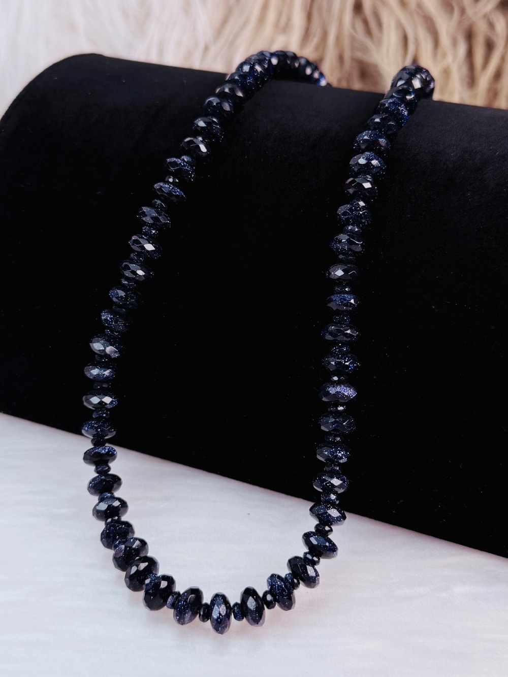 Blue Goldstone Rondelle Bead Necklace Magnetic Barrel Clasp in Midnight Sparkle
